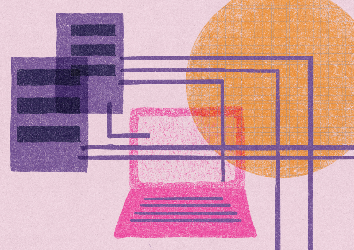 Grafik mit Laptop Servern und Netzwerk